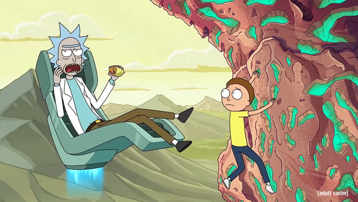 rick sits in a flying chair while morty climbs