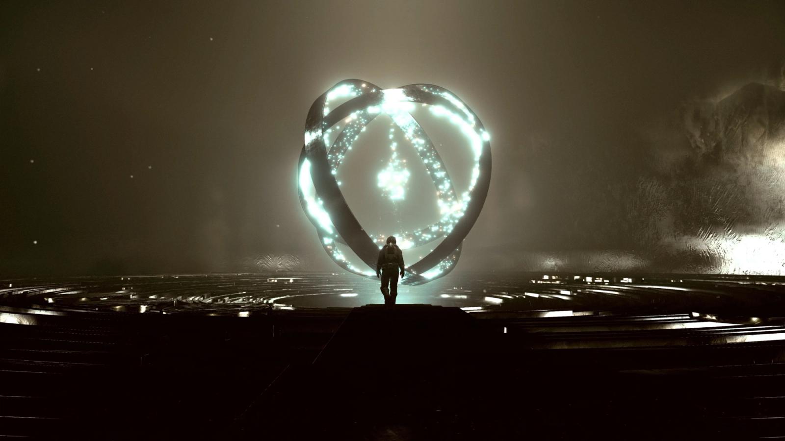 a man is standing in front of a glowing heart shaped object .