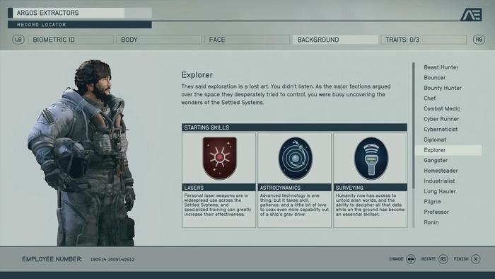 Explorer info and skills in Starfield