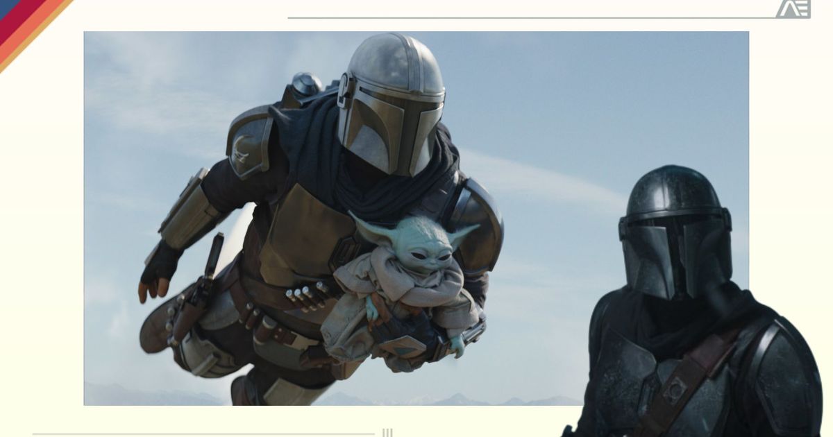 the mandalorian is flying through the air while holding grogu