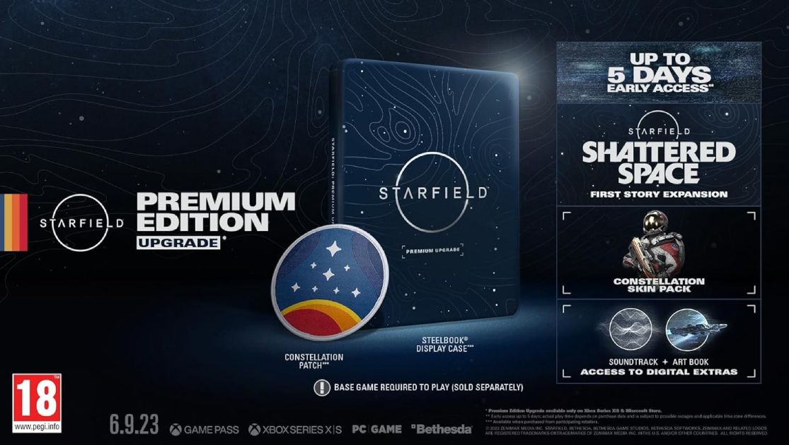 A navy constellation display case fro Starfield next to the Premium Edition Upgrade logo, content, and constellation patch.