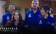 The four content creators in space jumpsuits await training