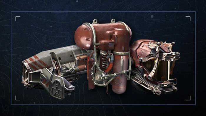 Starfield's Old Mars Skin Pack, with a laster cutter, deep mining pack, and deep mining helmet from left to right.
