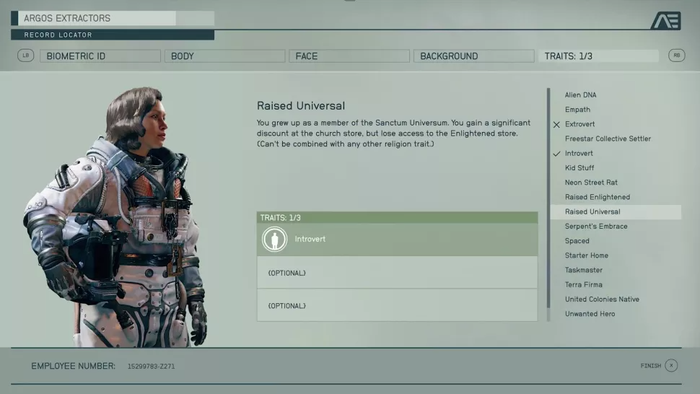 Starfield's character creation screen, showing the Raised Universal trait. 