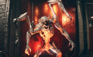 starfield terrormorph of kreet standing on two legs with arms raised in yellow lighting outside door