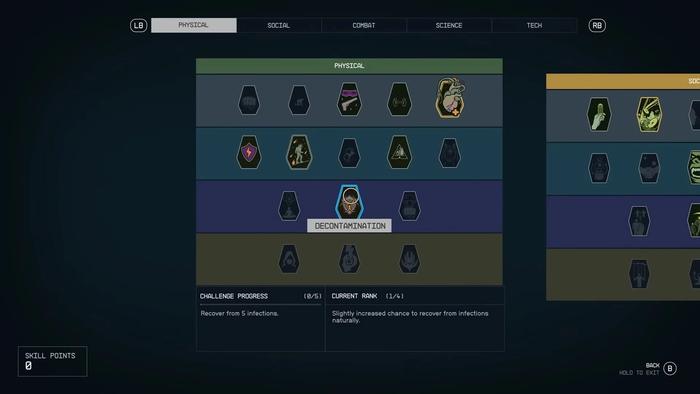 Starfield skills showing the physical skill tree