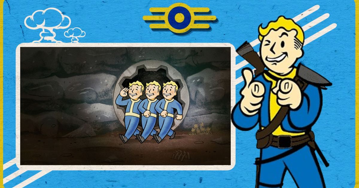 a picture of 3 Vault Boys coming out from a vault in Fallout
