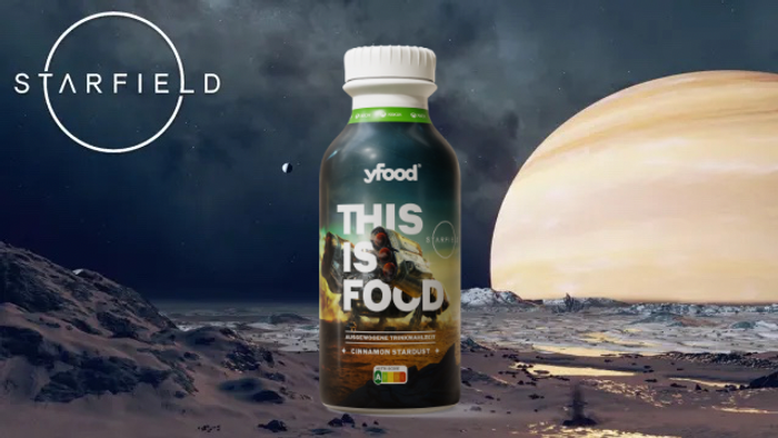 A bottle of yfood Starfield edition sits on a planet