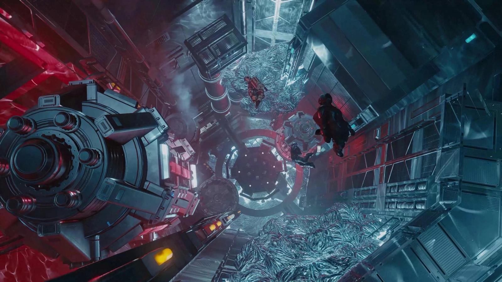 a group of people are flying through a futuristic tunnel .