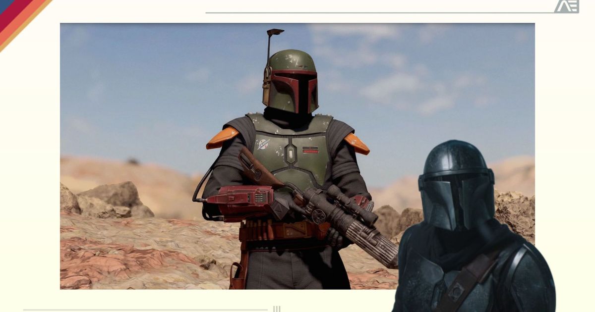 boba fett and the mandalorian are standing next to each other in the desert .