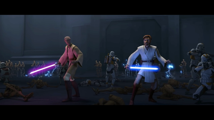mace windu and obi wan stand with lightsabers ready