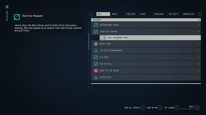 starfield start-up stopped mission in mission menu
