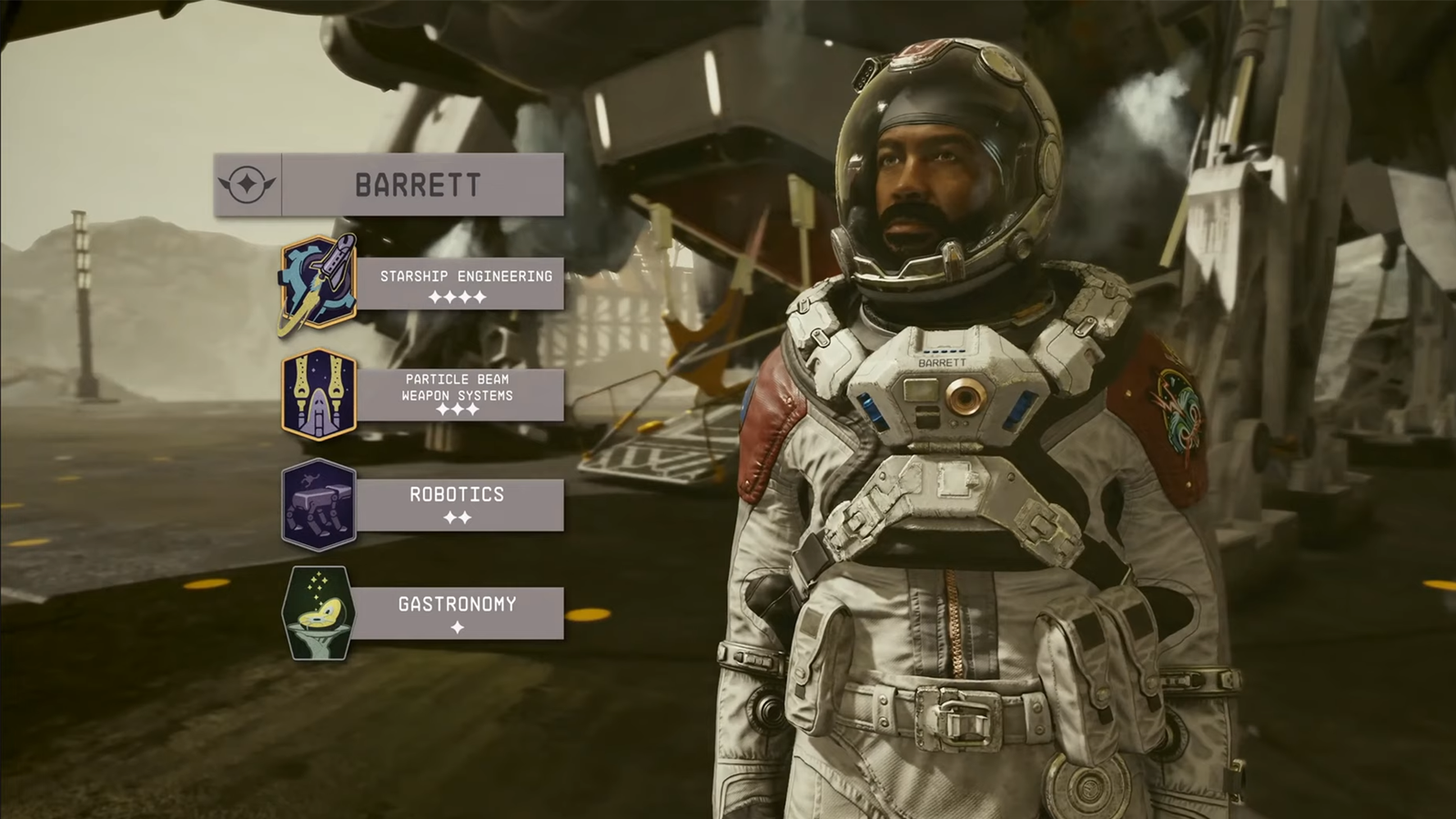 starfield companion barret in space suit and his skills