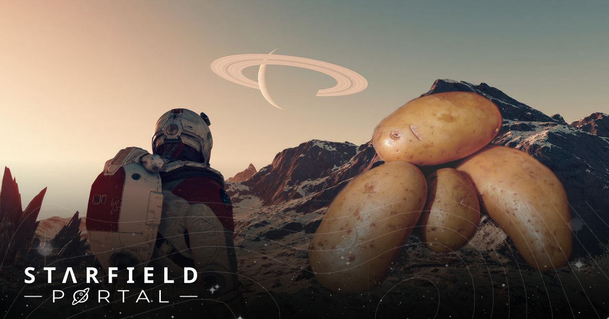 An image of four potatoes is superimposed over a screenshot of Starfield. The Starfield screenshot features a character with their back to the camera, looking out over a barren landscape. A planet with rings can be seen in the sky.