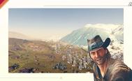 a man in a cowboy hat is standing in front of a mountain .