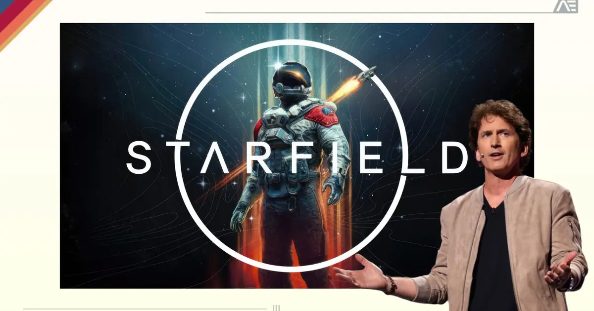 a man is standing in front of a starfield logo .