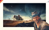a man in a cowboy hat is standing in front of a space ship .