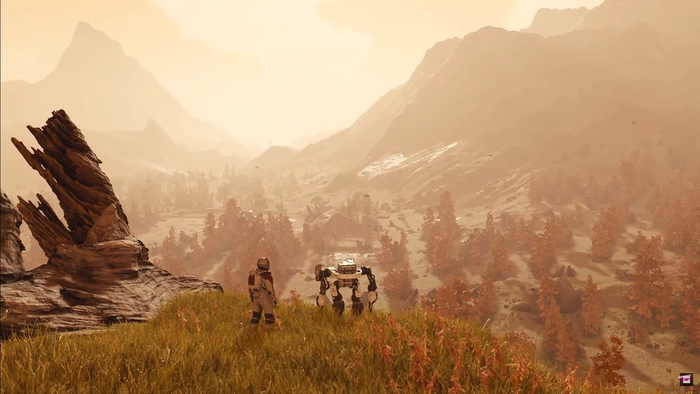 Player and vasco robot look across a planets wilderness
