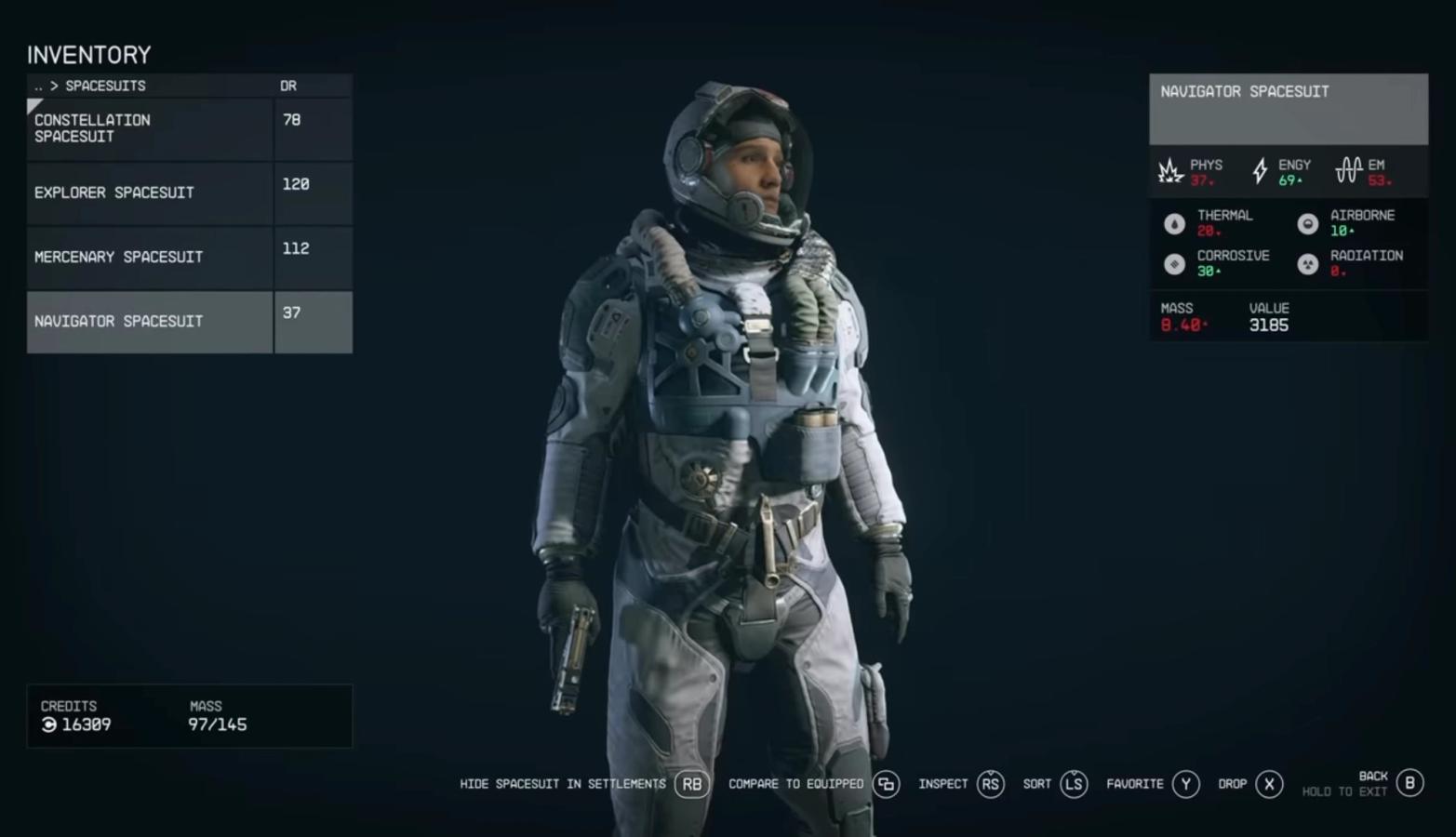 An image of Starfield's inventory screen, showing a character in a space suit