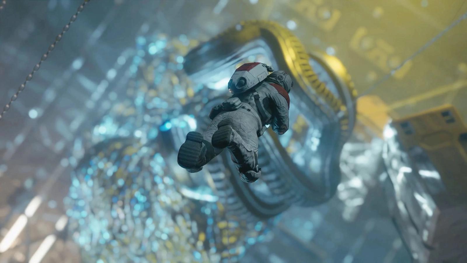 a man in a space suit is flying through the air in a video game