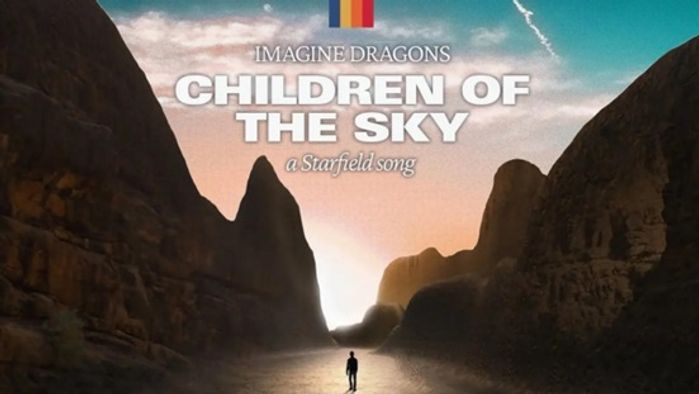 An image of a man standing in a valley, situated on a planet that is unlikely Earth. In the sun-soaked sky letters read: "Imagine Dragons Children of the Sky A Starfield Song".