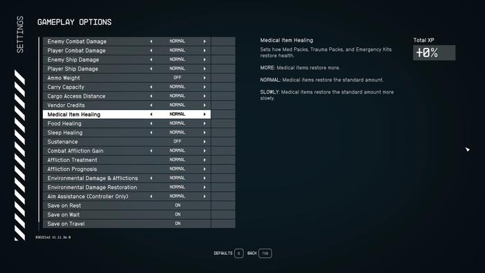 An image of the new settings menu in Starfield