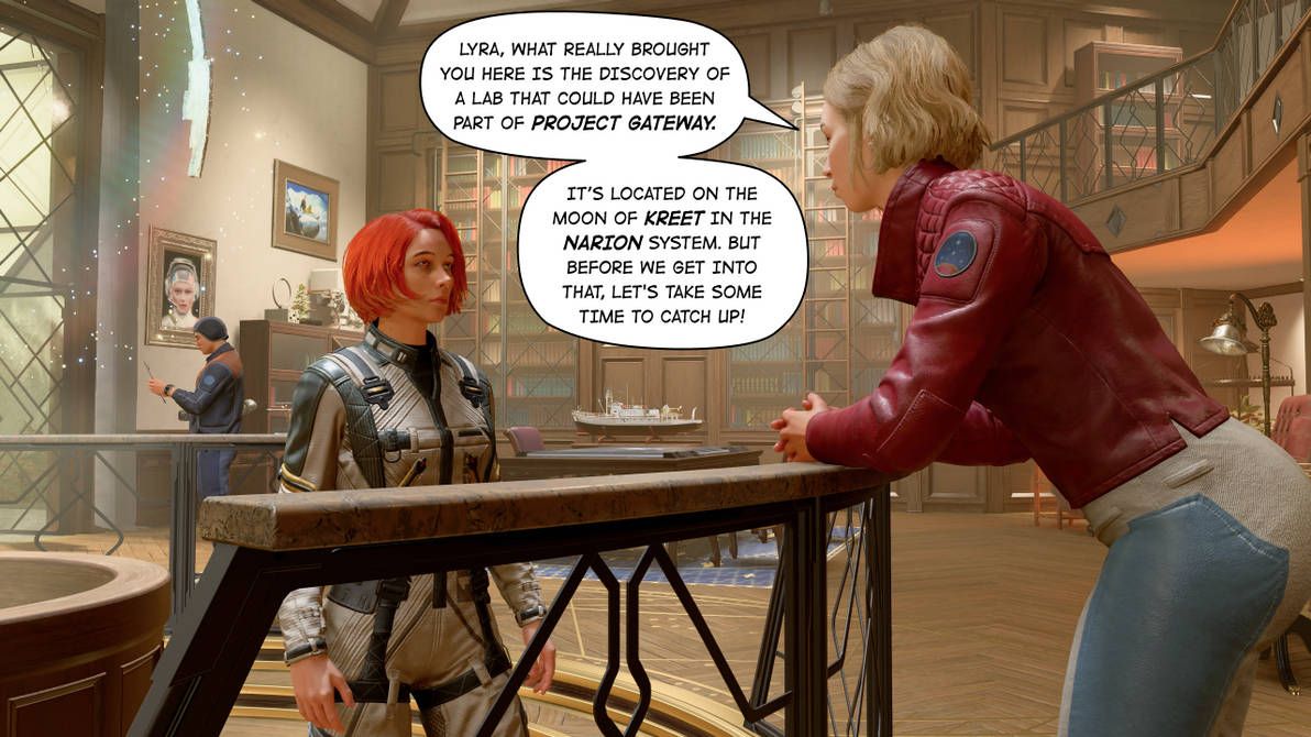 two women are talking to each other in a room in a video game .