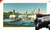 a robot is standing next to a picture of a futuristic city .