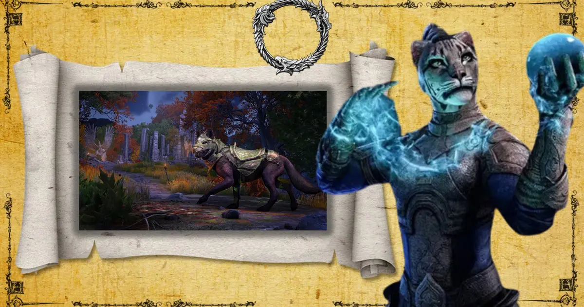 An image showing a Khajit character and a mount in ESO Gold Road