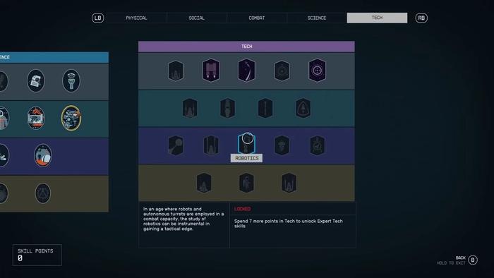 Starfield skills showing the tech skill tree
