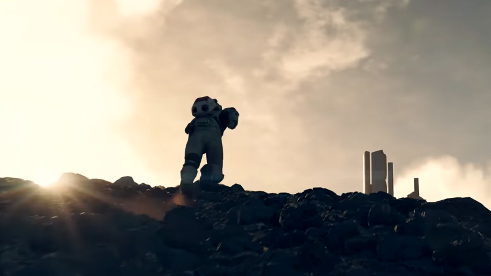 player climbs a rocky hill with a city just ahead