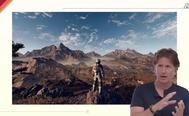 a man is standing in front of a screen with a mountain in the background .