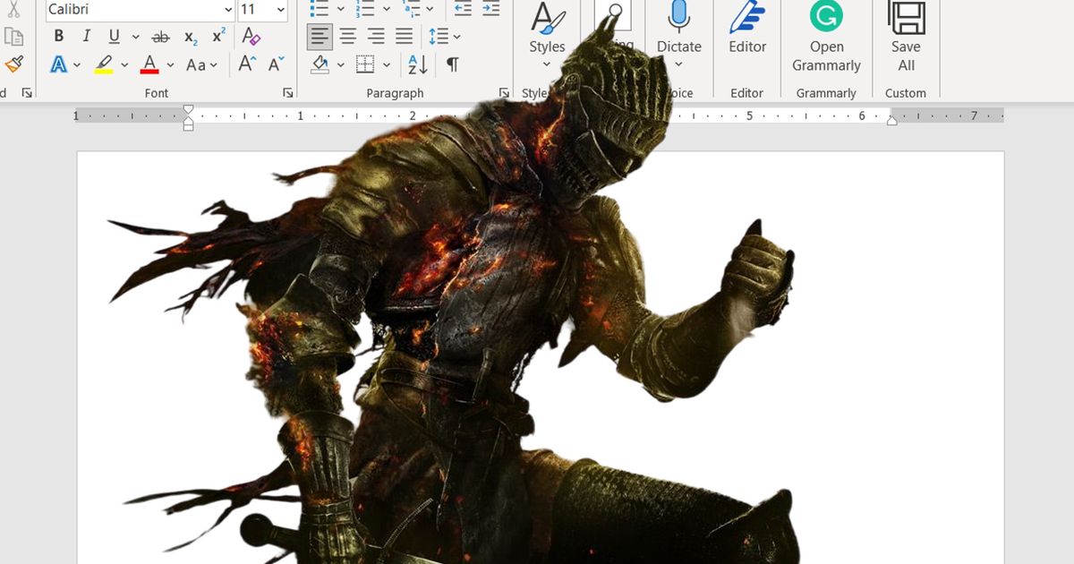 Main character from Dark Souls 3 key art in front of a Microsoft Word blank page background