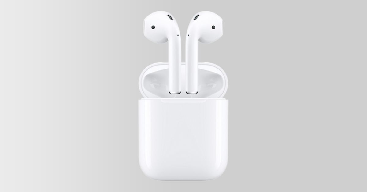 A pair of white AirPods with a Charging Case on a gray background.