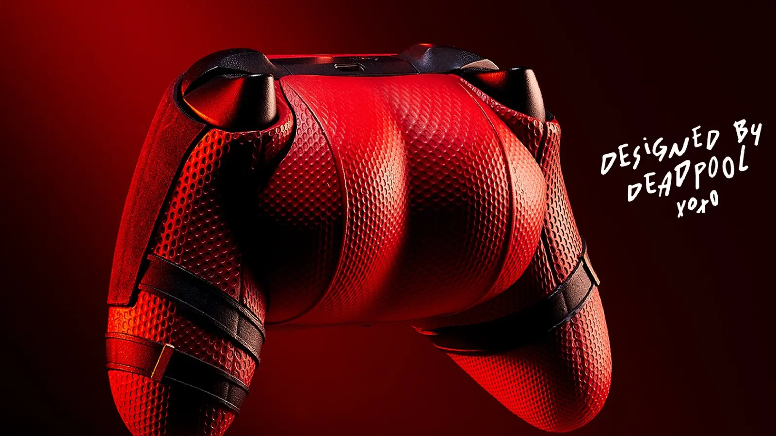 A limited-edition Xbox controller 'designed by Deadpool' showcasing the characters' butt on the back of it.
