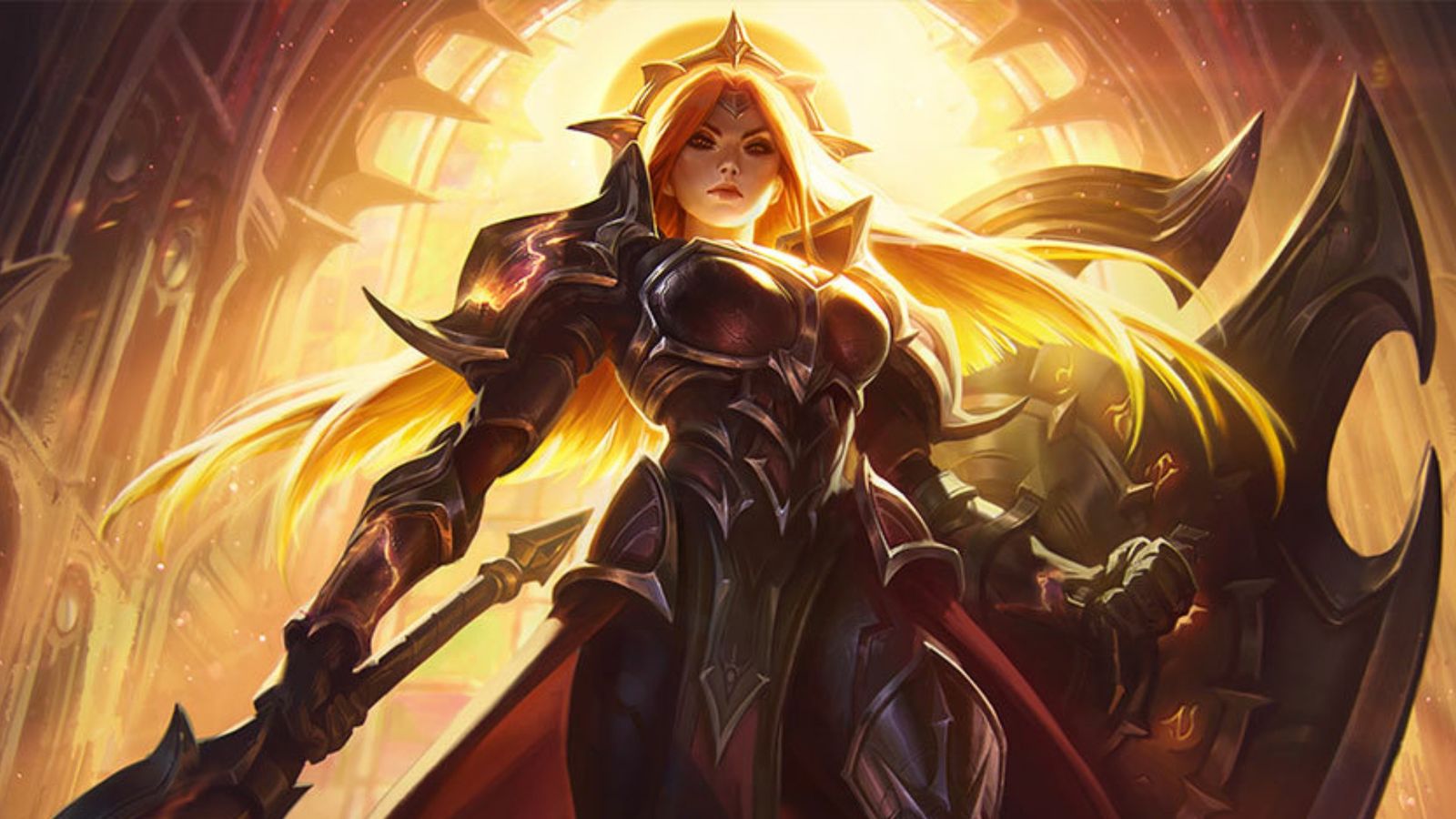 Leona from League of Legends, depicted in radiant armor with a shield and spear, standing in a majestic pose with sunlight illuminating her from behind. She is used to fix the LoL Surprise for Seraphine 2 not working issue. 