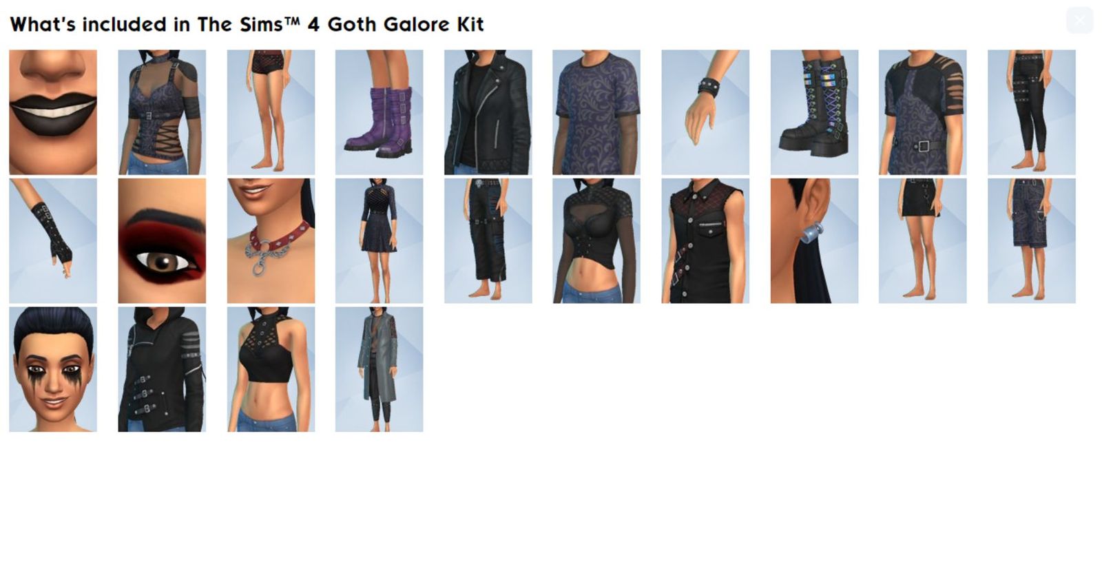 A diagram of everything available in The Sims 4 Goth Galore kit