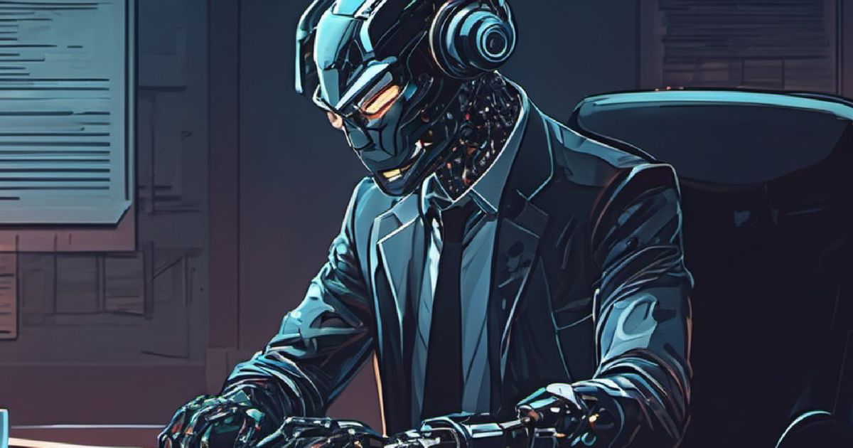 A robot man in a suit typing on a computer in a dimly lit office