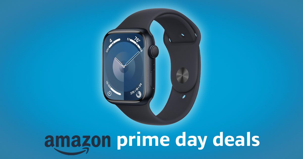 A Midnight-colored Apple smartwatch in front of a blue background and above Amazon Prime Day Deals branding in navy and white.