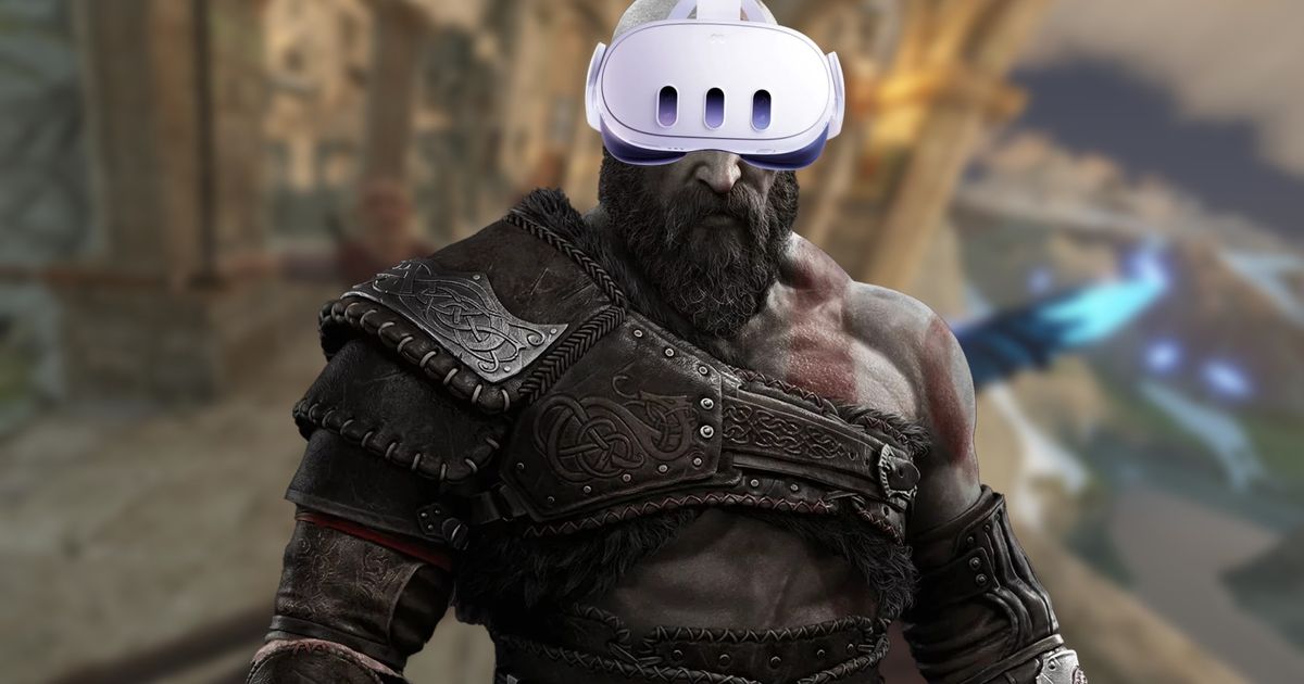 Kratos from the God of War PS4/5 duology wearing a Meta Quest 3 VR headset in front of a Blade and Sorcery screenshot