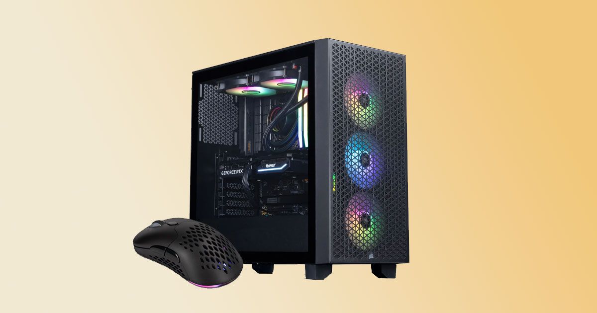 A black PC with RGB lighting from the internal components with a honeycomb black mouse next to it.