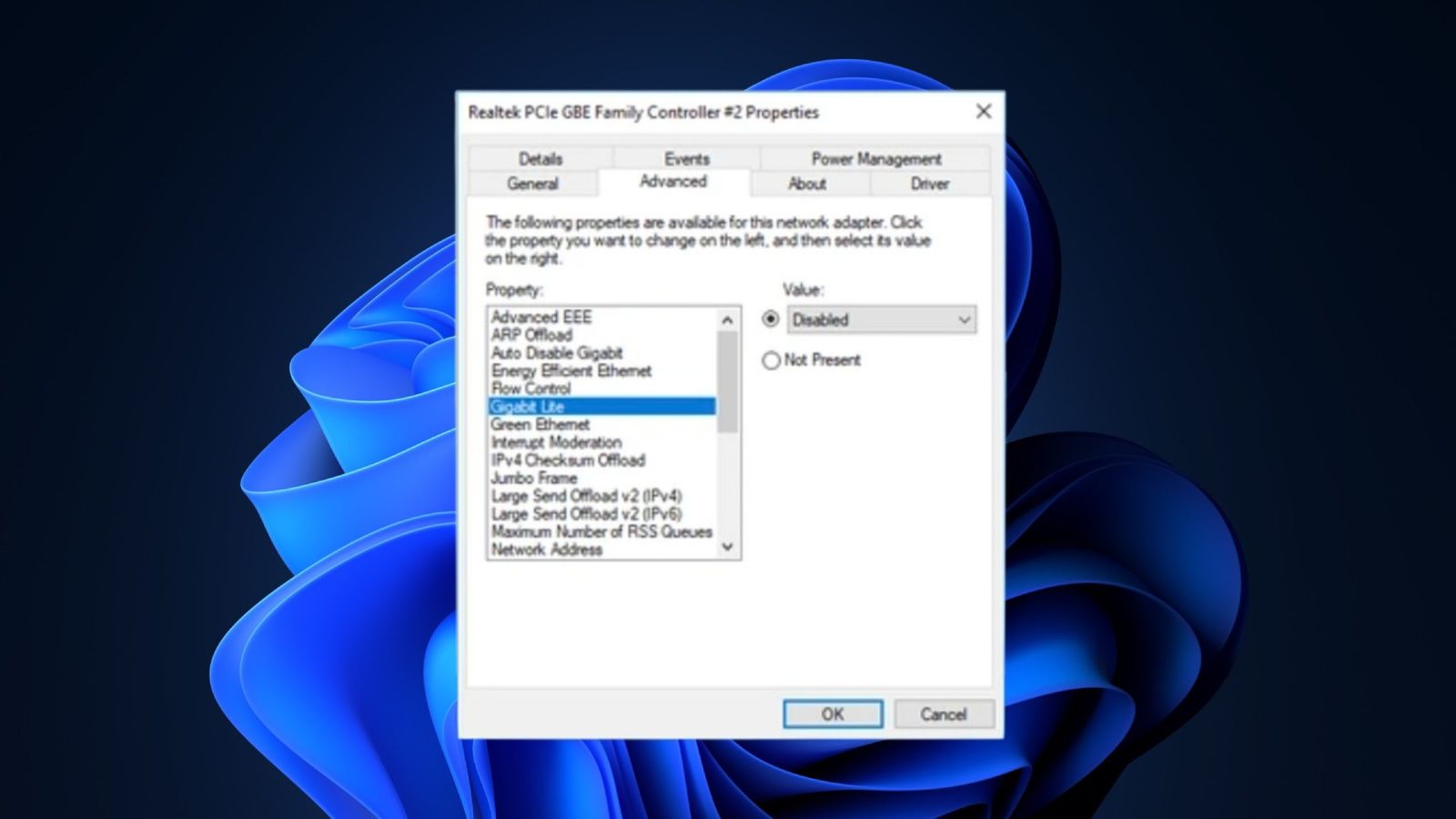 A screenshot of the Realtek PCIe GBE Family Controller properties window, showing the advanced settings tab with Gigabit Lite highlighted and set to "Disabled."