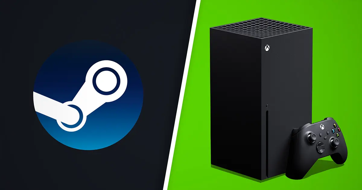 Steam logo and Xbox Series X|S consoles
