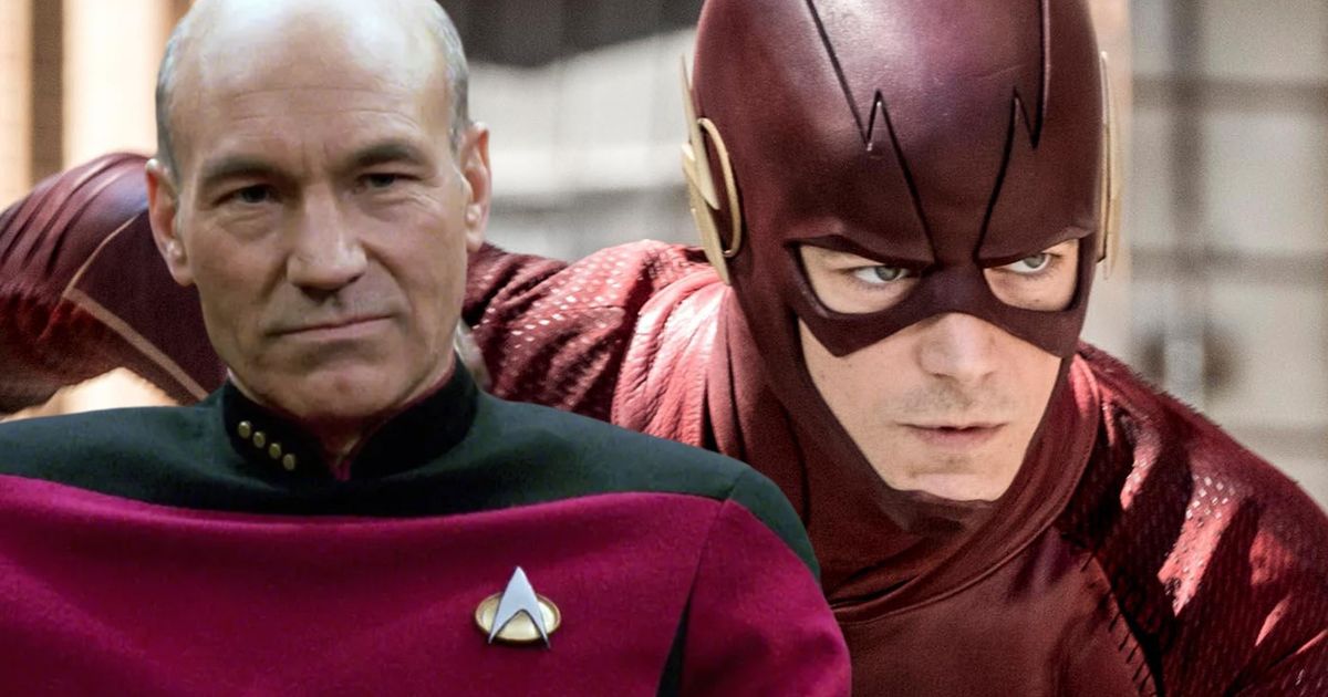 Picard from Star Trek in his iconic outfit next to an image of CW's The Flash preparing to run
