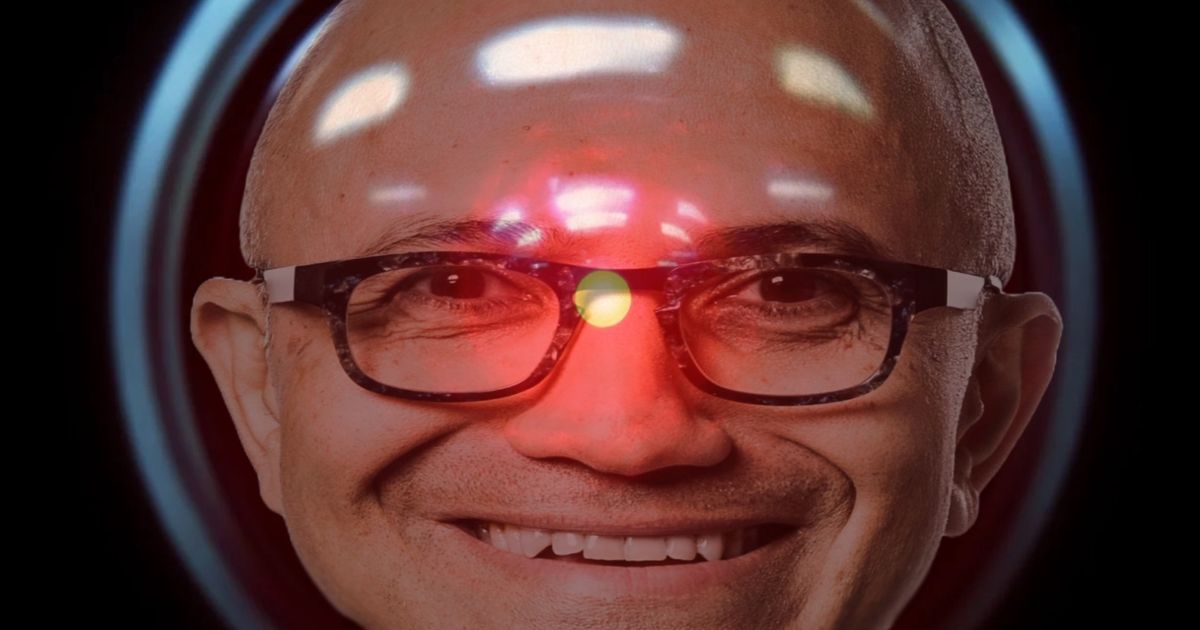 a close up of a Microsoft CEO Satya Nadella  wearing glasses in the body of Hal 9000