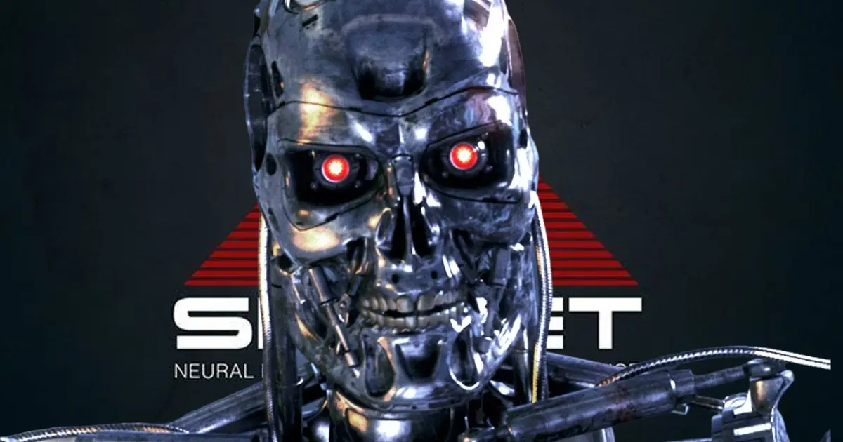 A close up of the T-800 Robot from Terminator series in front of the Skynet logo