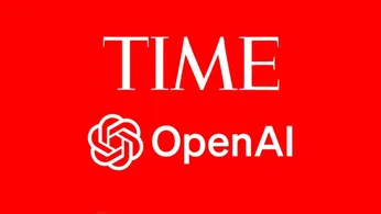 The TIME and OpenAI logos in white in front of the distinctive red that TIME is best known for.