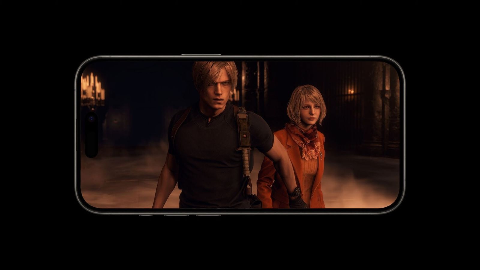 Leon Kennedy from Resident Evil 4 standing next to Ashley in screenshot on an iPhone 15 Pro Max