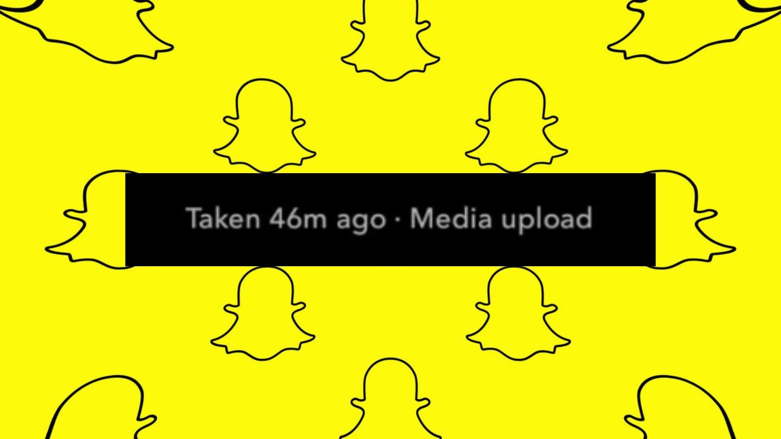 Snapchat’s new ‘Media upload’ label with the timestamp ‘Taken 46m ago’ on a yellow background with Snapchat logo outlines.