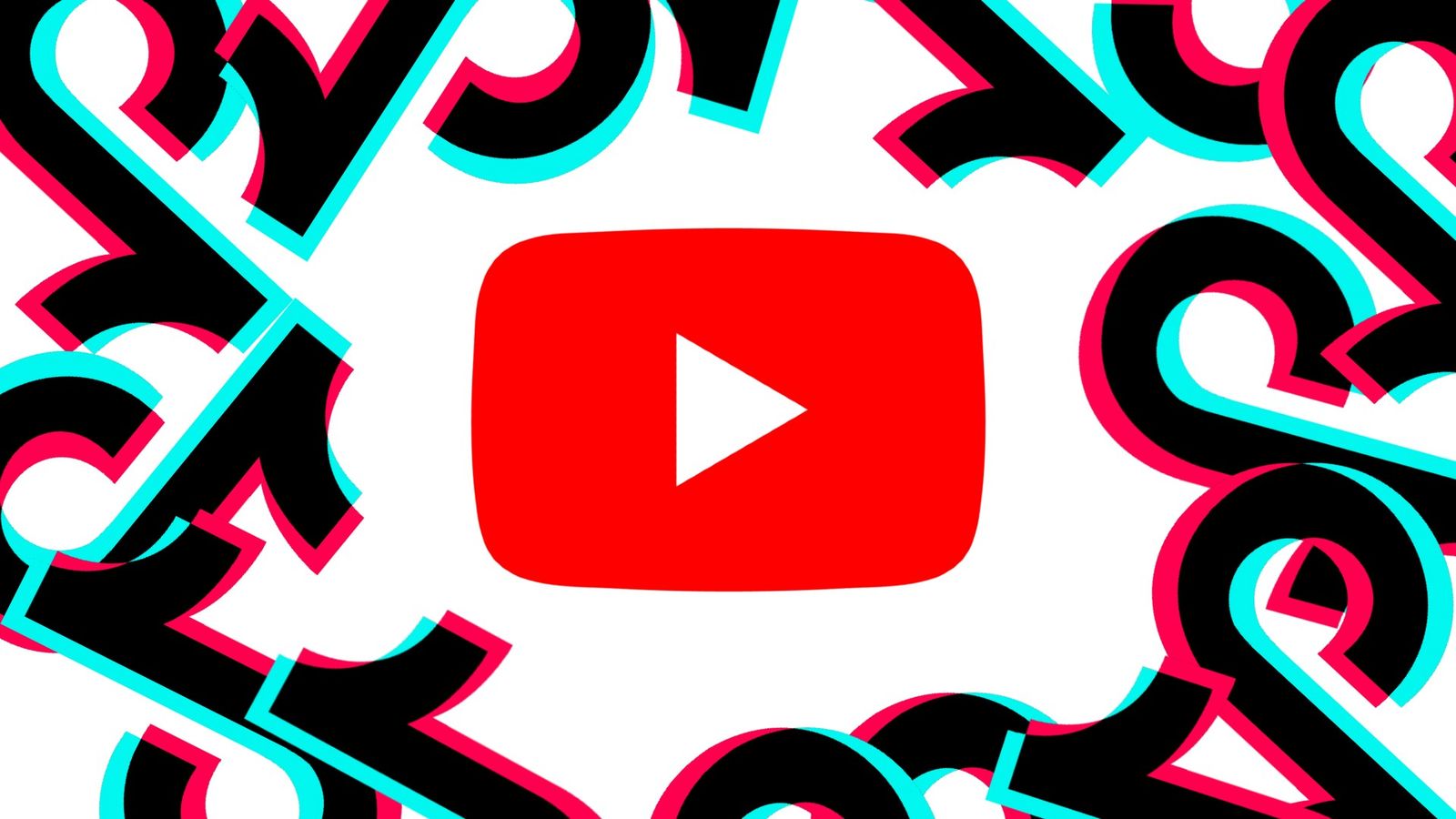 A YouTube logo is surrounded by TikTok logos on a white background.